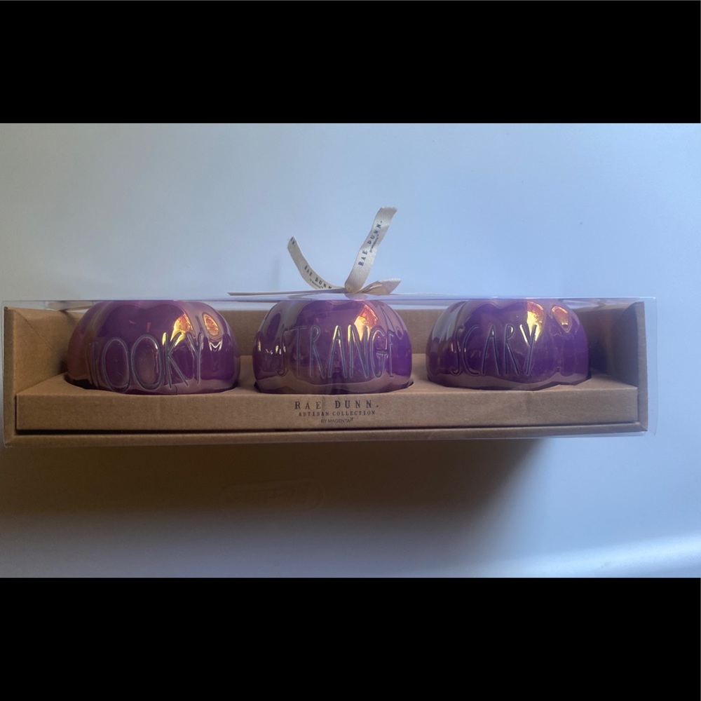 rae dunn spooky iridescent purple ceramic pumpkin tea light holders